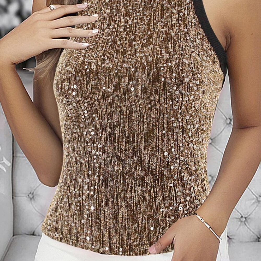 Women's Sparkly Sequin Sleeveless Tank Top Camisole Round Neck Rave Tank Vest Pa - Picture 3 of 6